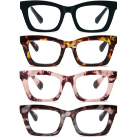 REAVEE 4 Pack Oprah Style Reading Glasses Blue Light Blocking Computer Square Readers for Women with Spring Hinge 4.0