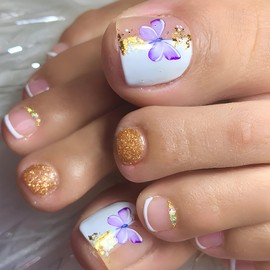 FIEONCIY Press on Toenails with Designs Acrylic Fake Nails for Toe Artificial False Nails with Charms Glue on Toe Nails for Spring Summer Stick on Toenails for Women Girls(JZ061)