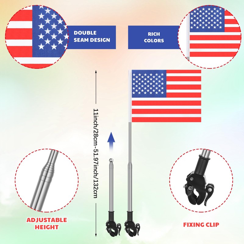 2 Set Golf Cart Safety Flag Pole Reflective Orange, American