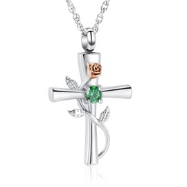 Cross Urn Necklace for Ashes Birthstone Rose Flower Cremation Jewelry for Women Gilrs Keepsake Memorial Ashes Pendant