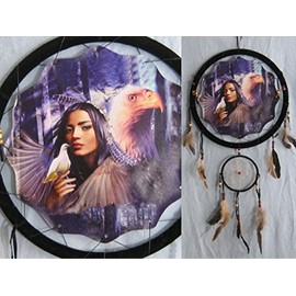 OBI 13" Indian Maiden Dove and Eagle Double Dream Catcher Reproduction - Nature, Black, Fabric, Feathers - Hanging Decor for Living Room, Bedroom, Doors - Romantic, Social Occasion