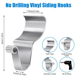 EQUIJUANCE Stainless Steel Vinyl Siding Hooks, No-Drill Design, Heavy Duty Hangers for Outdoor Decor, Lights, Wreaths, Plants (24)