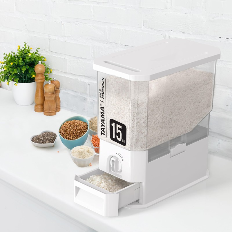 TAYAMA 33 lbs. Capacity Rice Dispenser Grain Storage Container, White