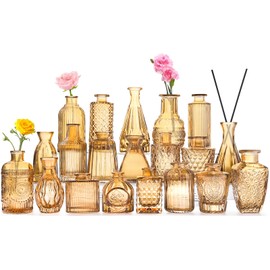 20 Pcs Amber Gold Glass Bud Vases- Set Amber Gold Small Vases for Flowers Vintage Flower Vase in Bulk Cute Glass Vases for Centerpieces Rustic Decorative Glass Vase for Wedding Table Home