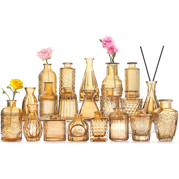 20 Pcs Amber Gold Glass Bud Vases- Set Amber Gold Small Vases for Flowers Vintage Flower Vase in Bulk Cute Glass Vases for Centerpieces Rustic Decorative Glass Vase for Wedding Table Home