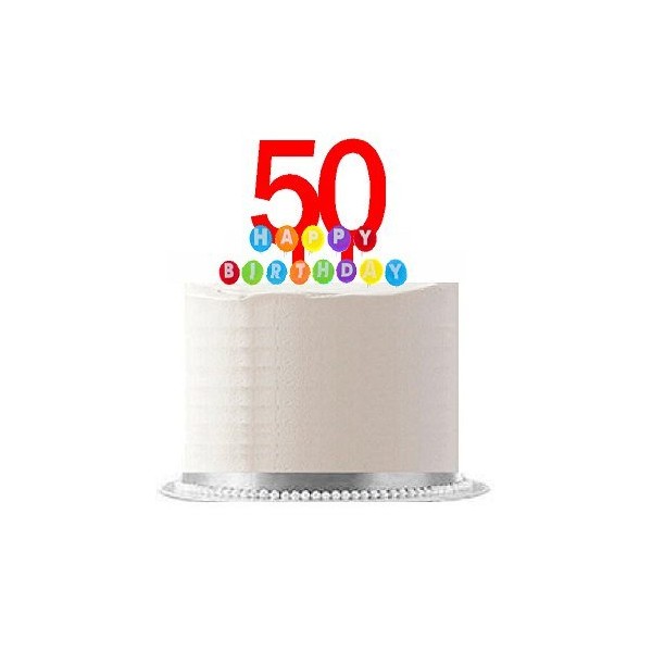 Item#050WCD - Happy 50th Birthday Party Red Cake Topper & Rainbow Candle Stand Elegant Cake Decoration Topper Kit