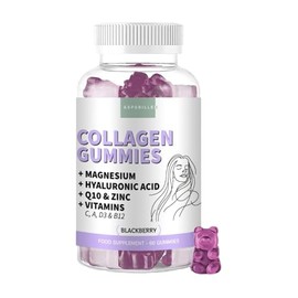 Marine Collagen Gummies with Hyaluronic Acid, Magnesium, Coenzyme Q10, Zinc & Vitamins - Pure Hydrolyzed Collagen Peptides for Skin, Hair, Joints & Bones (Type I) - BlackBerry Flavour, 60 Gummies
