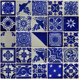 Color y Tradicion 25 Hand Painted Decorative Talavera Mexican Tiles 2"x2" White and Blue