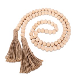 1 Pack 60inch Wood Bead Garland with Tassels,Farmhouse Beads Rustic Country Decor Prayer Boho Beads Wall Hanging Decoration (Nature)