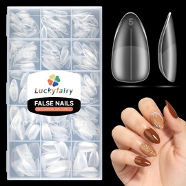 Luckyfairy Short Almond Nail Tips, 504pcs Full Cover Soft Gel X Nails Tips 15 Sizes No C Curve Almond Shape Nail Tips for Acrylic False Nails Professional for Nail Extensions Salons Home DIY