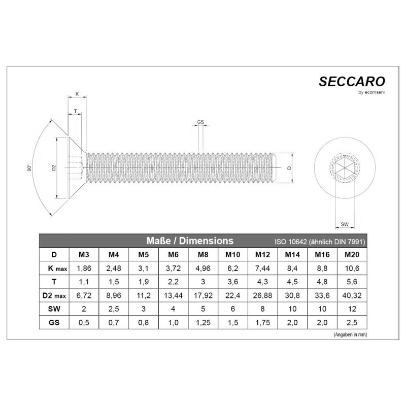 SECCARO Countersunk Screw M6 x 16mm Stainless Steel V2A VA