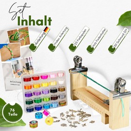 Bracelet Latch Set with Sustainable Wooden Holder, 25 Yarn Colours in a Spool Box, Metal Pendant, Includes Video Instructions, Friendship Bracelets, Children's Craft Set, Beginner Friendly