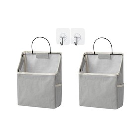 2pcs Linen Cotton Multi-Pocket Wall Hanging Bag with Hooks (Grey)