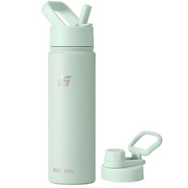 SUNWILL Metal Water Bottle with Straw Stainless Steel, 650ml Insulated Leakproof Thermal Flask with 2 Lids for Cold and Hot Drink, Running, Sports, Gym, Travel, Matcha Cream
