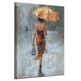 Canvas Wall Art Girl Umbrella With Khaki Dress Walking in Street Rain Painting Modern Art Canvas Abstract Artwork