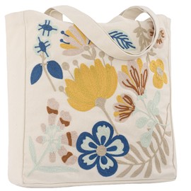 Perseverance Trade Aesthetic Embroidery Canvas Tote Bag for Women Multicolor Flowers Shoulder Bag with Magnetic Buckle and Zipper Inner Pocket Reusable Cotton Bag for Shopping Grocery Work Book Gift