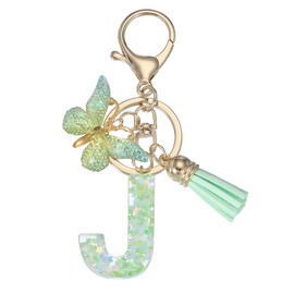 PATIKIL Alphabet Initial Letter Keychain, Resin Cute Keychains with Tassel Butterfly Letter J Pendant Charm for Women Key Purse Handbag Bag Accessories, Green