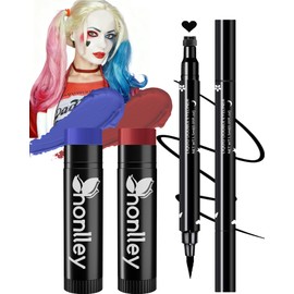 Honlley Halloween Harley/Joker Makeup Kit for Women Girls Costume Cosplay | Red Blue Face Body Paint Grease Stick + Liquid Eyeliner Heart Stamp for Cosplay Clown Party Accessories