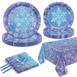 QUERICKY Winter Snowflake Party Supplies for 20 Guests, Disposable Tableware Set Includes Paper Plates, Napkins, Forks, Tablecloth for Girls Princess Party Christmas Winter Holiday Party Decorations