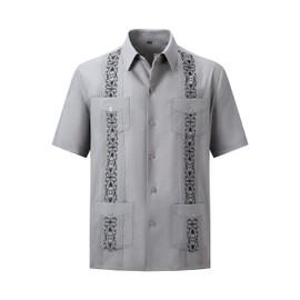 Men's Guayabera Shirts Short Sleeve Casual Snap Shirts(Gray,2XL)
