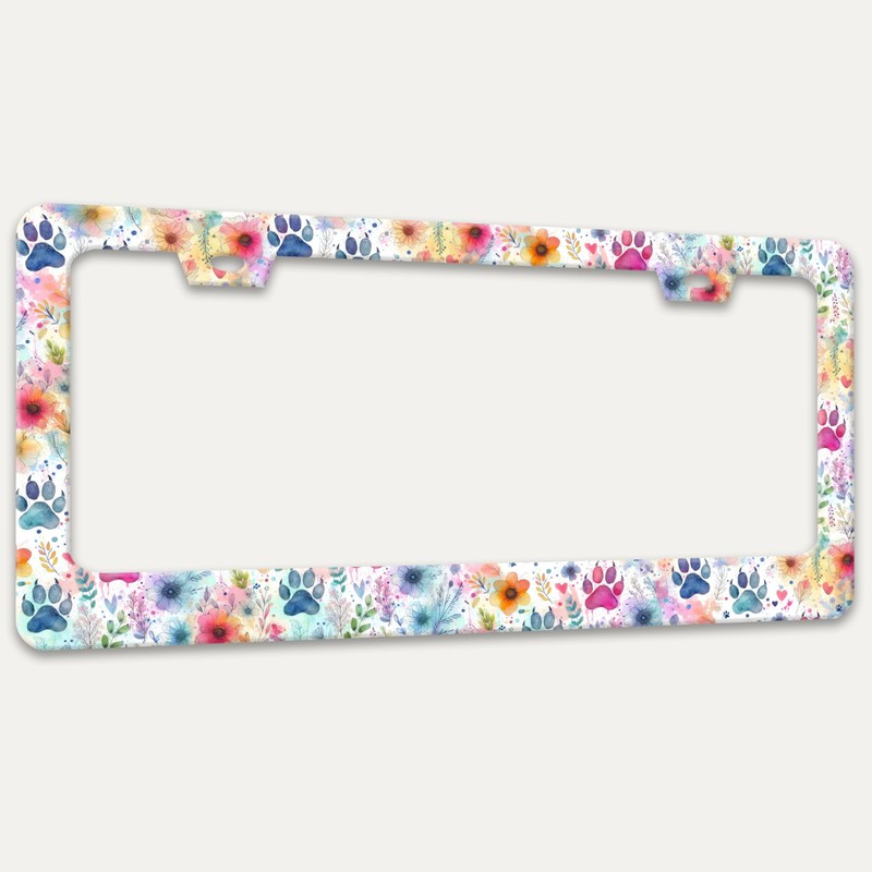 Dog Paw Print Flowers License Plate Frame Pet License Plate