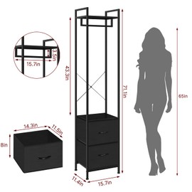 smusei Clothes Rack 3 Tiers Heavy Duty Coat Rack with 2 Fabric Drawers and Storage Shelves Freestanding Cloth Hanger Garment Rack for Bedroom Entryway Living room Black