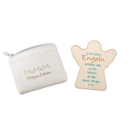 MaMeMi Worry Stone Beech Wood in Guardian Angel Shape and Print "Er hat seinen Angel" [German Language] Size Approx. 5.5 cm Lucky Charm / Talisman