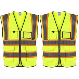 SHORFUNE 2 Pack High Visibility Safety Vest with Pockets, Mic Tab, Reflective Strips and Zipper, ANSI/ISEA Standards,Yellow, XXL