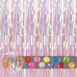 3pcs Holographic Transparent Tinsel Curtains Backdrop Party Foil Door Curtain,1*2m Iridescent Fringe Curtain Wall Tinsel,Shimmer Curtains Tassel Backdrop for Birthday Hen Do Christmas Party Decoration