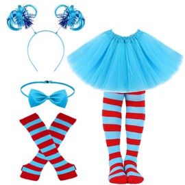 JcHrmers Cat Thing Costume Accessories Include Blue Ponytails Headband Bowtie Gloves Socking Blue Tutu Skirt for Book Week (2 Set)