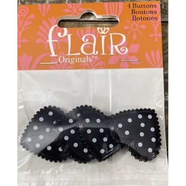 Flair Originals Black And White Heart Buttons-1pkg of 4 Buttons-NEW-SH