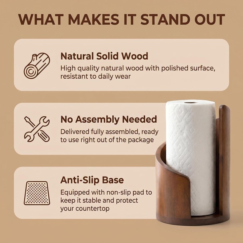 VANWYCHEN Wooden Paper Towel Holder(Brown), for Jumbo Rolls