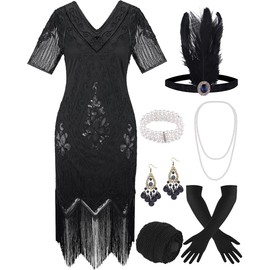 ELFIN 20s Dresses Flapper Dress Women's Fringe Sequin Dress 20s Party Dress Accessories 1920s Costume Dresses with Headband, Headpiece, Long Black Gloves, Necklace, L, Black