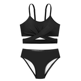 AGERWAY Girls Swimsuit Size 14-16 Girls Bathing Suit Criss Cross Bikini Set Two Piece Adjustable Shoulder Straps Bathing Suits for Teens Solid Color Black 15-16 Years