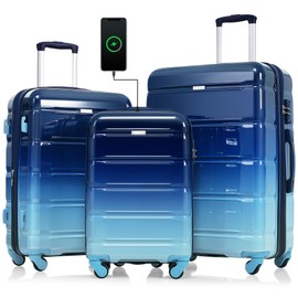 P PURLOVE Luggage Sets 3 Piece,ABS+PC Hard Shell Luggage with Spinner Wheels,Airline Certified Carry-on Luggage with and Cup Holder,20/24/28 Inch,Blue