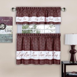 Live, Love, Laugh Tier and Valance Window Curtain Set - 58 Inch Width, 24 Inch Length - Color: Burgundy