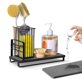 KONE Sponge Holder for Kitchen Sink with Diatomite Stone and High Brush Holder, Quick-Drying Sink Caddy for Sponges, Scrubbers, Soap, Countertop Organizers and Storage Essentials, Black