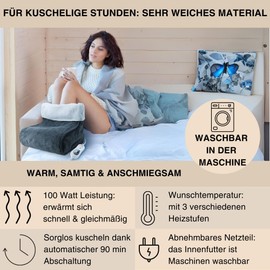 Grafner 100 Watt Electric Foot Warmer with 3 Temperature Settings and Teddy Lining, Washable, Automatic Shut-Off, Never More Cold Feet, Grey