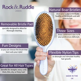 Rock & Ruddle Natural Boar Bristle Hair Brush for Women and Children. Wet or Dry Hair Detangling, Smoothing and Blowdrying. Bring out a Healthy Shine. Zebra Print Design, (Small/Travel Size, 17.5cm)