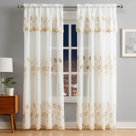 LinenZone Embroidered Leaf Curtains (Emma 54 x 96, Linen)
