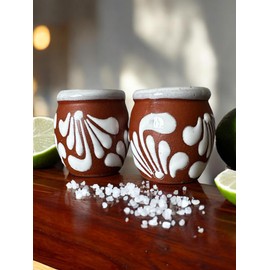 Set of 2 Mini Cantaritos - Handmade Mexican Pottery Shot Glasses - 2 oz Tequila Glasses with Terracotta Base - Perfect for Wedding Favors & Tequila Shots