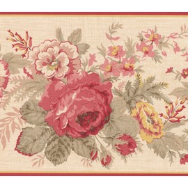 Red Yellow Blooming Flowers Floral Wallpaper Border Retro Design, Roll 15' x 6''