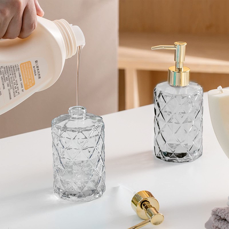 Clear Glass Soap Dispenser with Gold Plastic Pump, 2 Pack