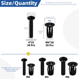 Glarks 60pcs M4 Jack Nut and Flat Head Phillips Machine Screws Kit, Black Jacknut Screw Anchor, Threaded Insert Petal Nut, Expansion Nut for Plastic Polywood Pressboard Hardboard