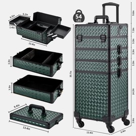 GALHUBIS Rolling Makeup Case, Makeup Train Case with Lid, 5 in 1 Cosmetology Case on Wheels, Christmas Gift, Large Makeup Case Organizers, Profesional Cosmetic Case for Salon Barber,Black Green