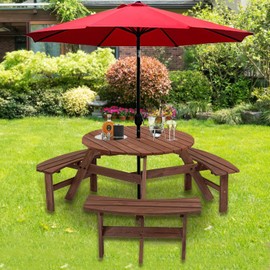 Wood Picnic Table 6 Person Outdoor Table and Chair Set,3 Built-in Benches,Umbrella Hole, Classic Picnic Table Bench Set for Backyard Patio Garden,1720LBS Total Capacity,Walnut Brown