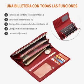 Portafolios Piel Mujer, Cartera con Bloqueo RFID, Billetera de Doble Plegable Elegante, Tarjetero Moda de Gran Capacidad, Monedero para Móvil, Regalos para Chicas y Mujeres Rojo