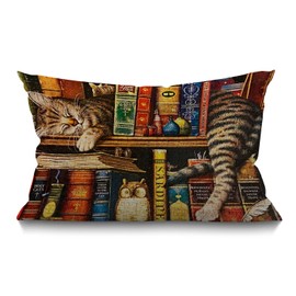 BGBDEIA Cat Cushion Cover Funny Cartoon Bookshelf Sleeping Cat Cotton Linen Decorative Rectangular Throw Pillow Cover Pillowcase for Sofa and Bed Couch 12"X20" 30 x 50 cm