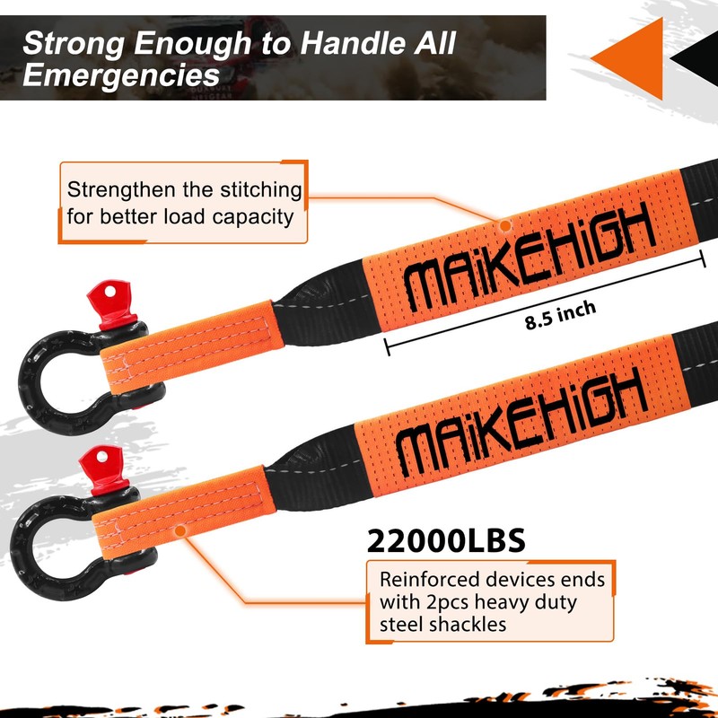 MAIKEHIGH Tow Strap Heavy Duty with Hooks, 2"×16ft 22,000Lbs Tow