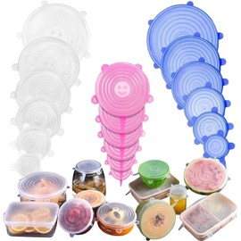 12 Piezas - Tapas Elásticas de silicona reutilizables y duraderas para almacenamiento de alimentos, satisface la mayoría de los recipientes, lavavajillas y congelador mantener la comida fresca (12)